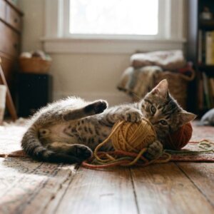 кот азиатского табби играет с клубком шерсти